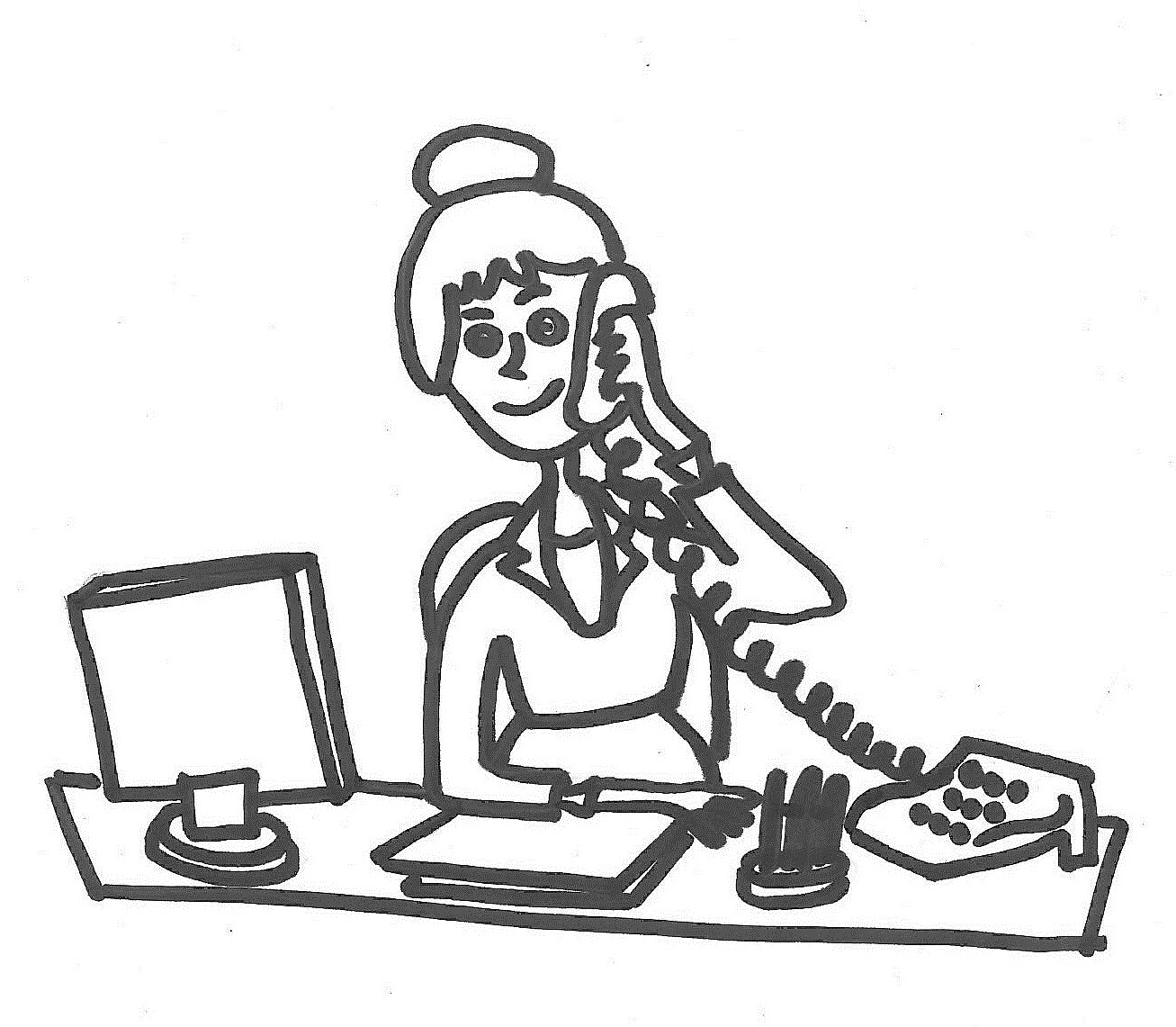 Zeichnung einer Dame am Telefon vor einem Schreibtisch mit Unterlagen, die eine Sekretärin darstellt.